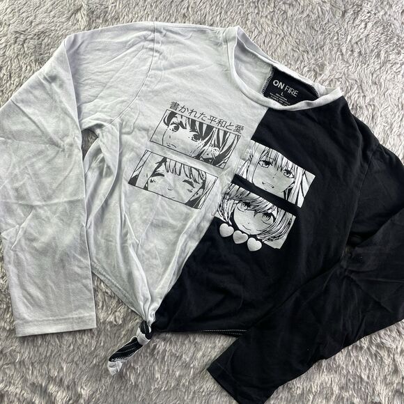 On Fire Shirt Womens Large Black White Love Peace Japanese Anime Crop Top Tie - Picture 1 of 7